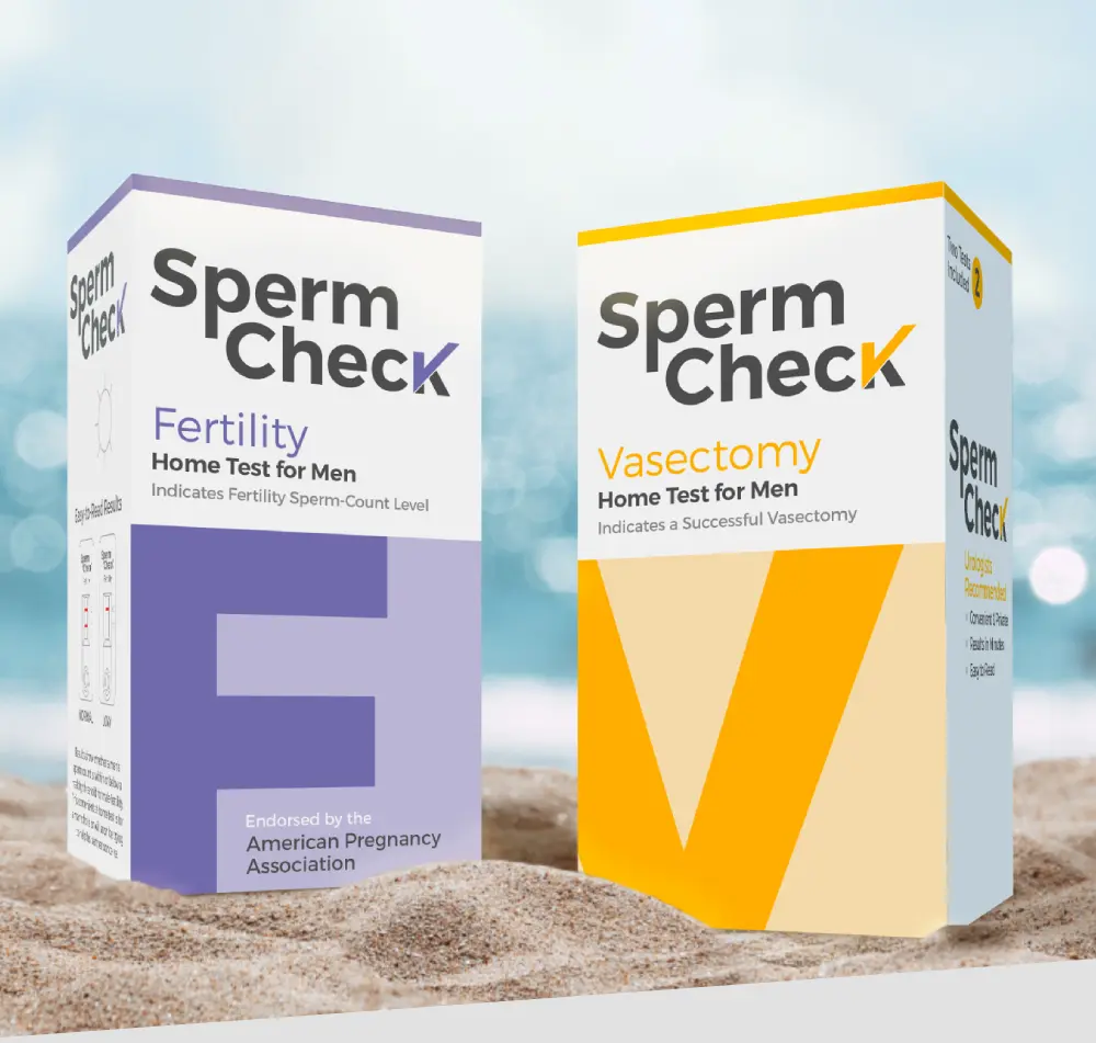 SpermCheck Fertility & Vasectomy boxes on the beach